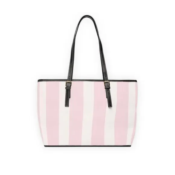 Striped Pink Tote Bag - PU Leather Shoulder Tote, Chic Everyday Handbag - Picture 2 of 4